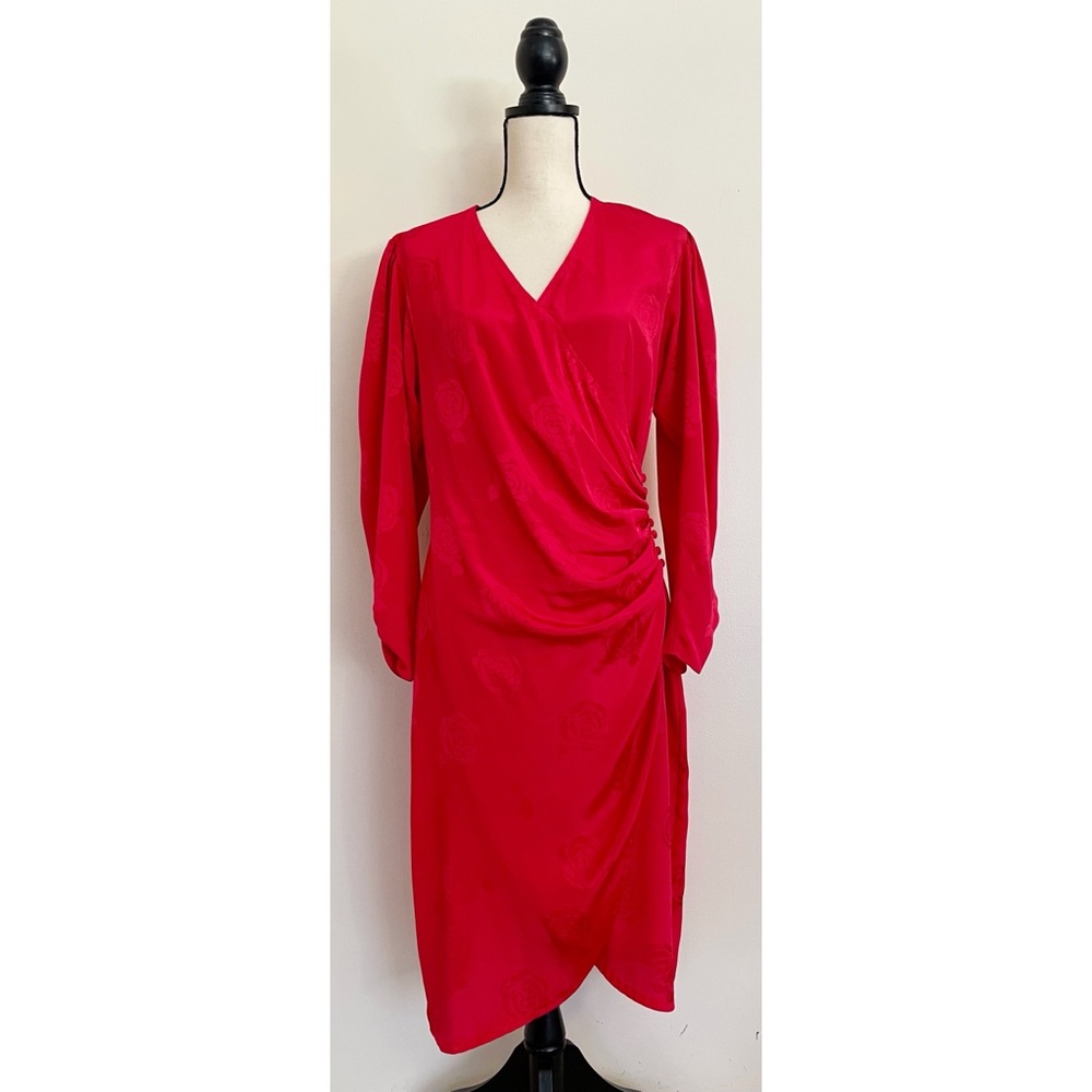 Vintage 80s Red Rose Long Sleeve Wrap Dress